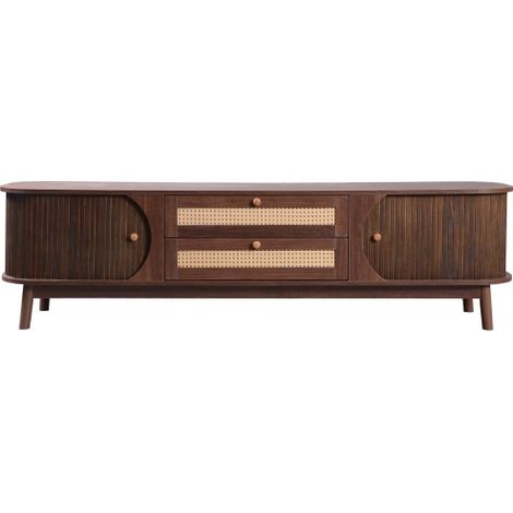 Meuble TV bois naturel avec rotin, portes et tiroirs style rustique