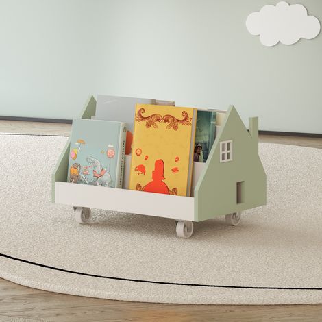Carrello Porta Libri Vipsali per Cameretta Design a Casetta 50x33x34 cm Menta Verde / Bianco [en.casa]