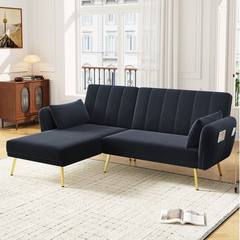 Sofá cama esquinero 191.5x130.5x80 cm negro en terciopelo con chaise longue reversible y respaldo ajustable (1/5)