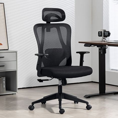 Silla de Oficina Giratoria con Reposabrazos 2D Silla Escritorio Regulable en Altura Reposacabezas Soporte Lumbar y Respaldo Alto Malla Transpirable 67x64x117-127 cm Negro (1/5)