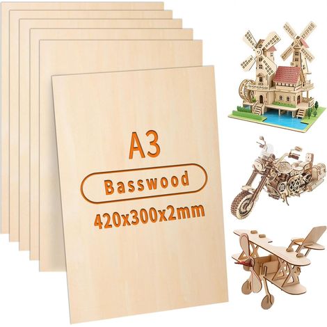 Contreplaqué 2mm A3 Feuilles de Bois de Tilleul 42 x 30cm Lot de 10 Contreplaqué, pour Pyrogravure DIY, Bois pour Gravure Laser, l'artisanat, le modélisme (1/5)