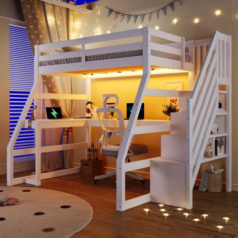 Cama alta moderna de madera blanca 90x200 cm con escritorio en L, LED, USB, escalera con almacenaje y somier de láminas (1/5)