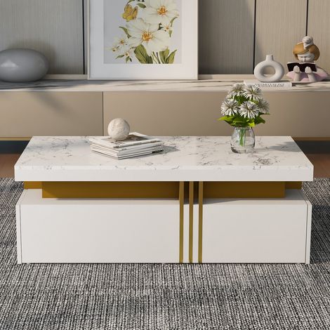 Modern White Rectangular Coffee Table with Marble Pattern(Triamine board) Top and 2 Wooden Drawers, Living Room Table, 100x50x40cm (1/5)