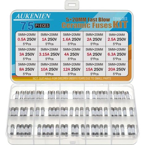 5X20MM Fusible Ceramique 15 Valeurs 0,5A 1A 1,6A 2A 2,5A 3A 3,15A 4A 5A 6,3A 8A 10A 12A 15A 20A 250V 75 Pièces 5X20 MM 250 Volts Kit Fusibles Céramique Fusion Rapide (1/5)