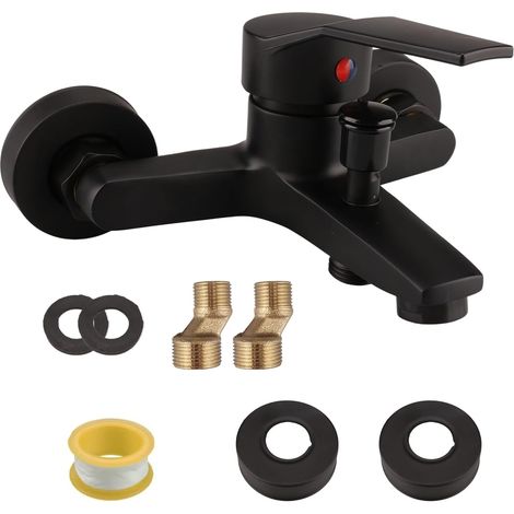 Robinet de baignoire mural - Kit mitigeur chaud et froid - Avec 8 accessoires de montage - Mitigeur monocommande pour douche et baignoire - Noir (1/5)