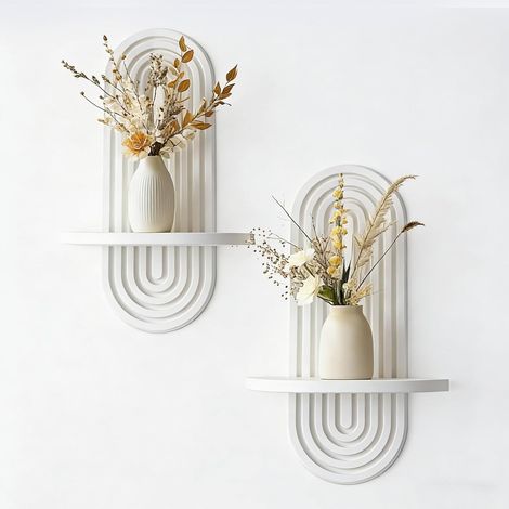2 pcs Étagères en Bois pour la Décoration Murale Blanc Étagère Murale Bohème Moderne Support Mural en Bois Bohème Style étagère pour la Cuisine, la Chambre, la Salle de Bain, Salon,Dortoir (1/5)