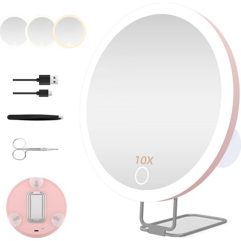 Miroir grossissant x10, 3 modes de gradation, miroir de maquillage rechargeable avec ventouse et support de bureau, rose