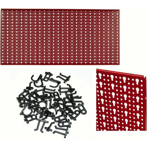 KIT PANNELLO FORATO PORTA ATTREZZI UTENSILI LAVORO MURO PARETE ROSSO GANCI MISTI