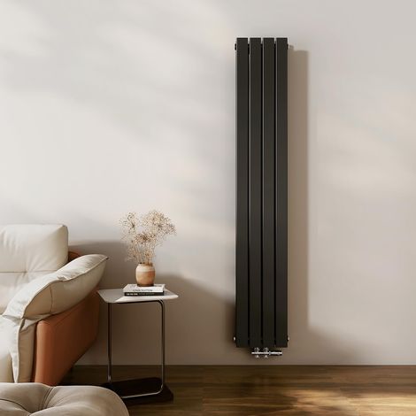 EMKE Radiatore di design, sottile, alto, 1800 x 304 mm, verticale, con attacco centrale, a doppio strato, per bagno, camera da letto e soggiorno, colore nero 1082 W (1/5)