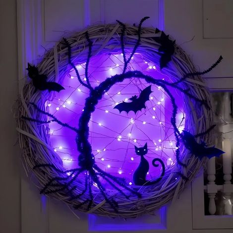 Couronne décorative Halloween lumineuse, pendentif chauve-souris et chat noir avec LED violettes, décoration murale pour maison et fête, accessoire de soirée effrayant, guirlande festive (1/5)