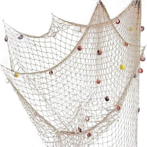 Filet pêche décoré résille – thème nautique méditerranéen – tenture murale décoration