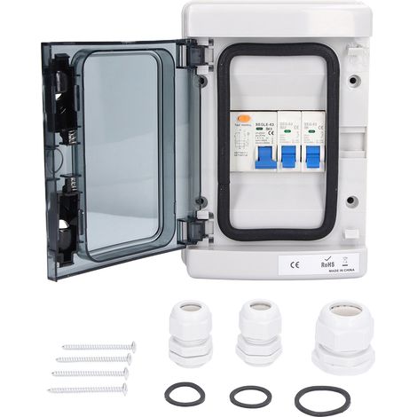 Boîte de distribution étanche 230V 2 voies norme EU, avec 2MCB (B6A+B32A), disjoncteur différentiel RCD 63A 1P+N et interrupteur B, pour usage extérieur. (1/5)