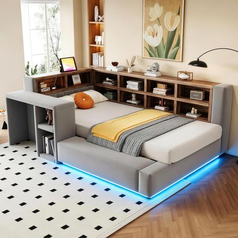 Cama tapizada 90x200 cm con almacenaje, LED, enchufes y estante, gris oscuro DESVIAE (1/5)