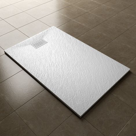 ELEGANT 1500x800mm White Slate Effect Lightweight Slate Shower Base Rectangular Grain Shower Enclosure Tray with Waste Trap + Striped Stainless steel drain cover (1/5)