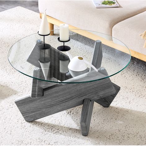 Table basse ronde 79x79x45 cm grise et transparente, plateau en verre trempé, structure MDF MEUBLIV (1/5)