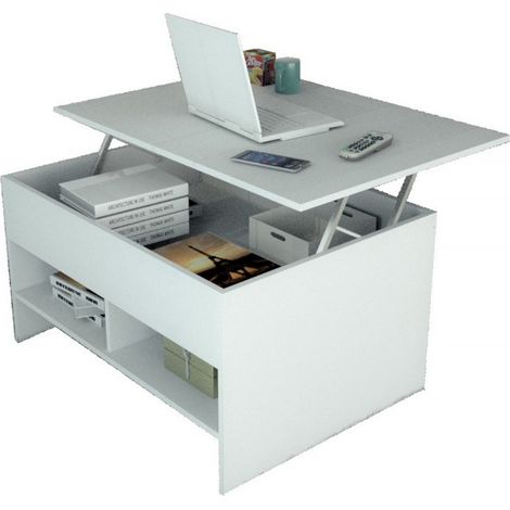 Beaux Meubles Pas Chers – Table basse relevable blanche 90 cm – Plateau relevable – 3 niches de rangement – Bois certifié FSC – Structure en panneaux mélaminés (1/5)