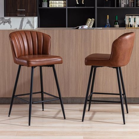Wahson PU Leather Bar Stools Set of 2 - Modern Counter Chairs with Shell Backrest for Home Bar Restaurant, Brown