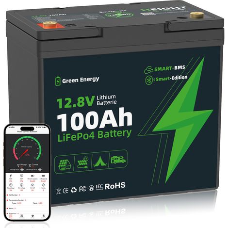 Batterie LiFePO4 12.8V 100Ah Smart BMS Bluetooth – Remplacement Plomb,Protège-Température/Surcharge – Camping-Car/Bateau/Solaire - Vert