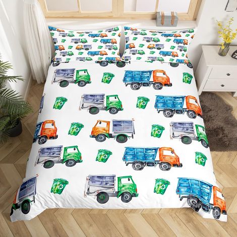 Housse de couette 135 x 200 cm - Motif camion à ordures - Pour enfants, garçons et filles - Véhicule vert - Parure de lit - Classification des déchets - Impression (1/5)
