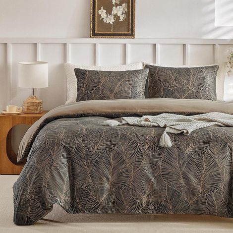 Ensemble de literie King Size 230x220 cm Khaki Feuilles Tropicales Microfibre