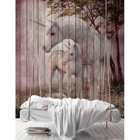 Papier peint panoramique licorne chambre enfant Tapisserie panoramique animaux effet bois Papier peint panoramique idéal chambre fille (1/3)