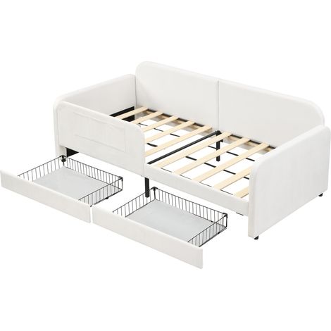 Cama infantil tapizada 90x200 cm con cajones, terciopelo blanco, metal MODENUIT (1/5)
