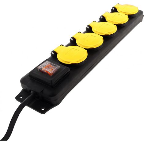 Multiprise avec Interrupteur Imperméable IP44 avec 5 Prises Standards Français 2P+T 16A - Prise pour Chantier CEE7/7, Câble H05RR-F 3G1,5m² - 1,5M, 2 Crochets de Suspension (1/5)