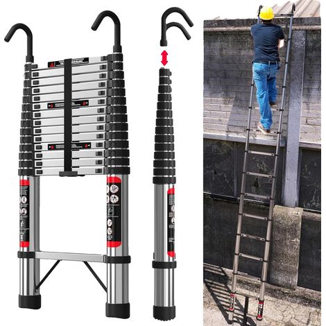 Échelle télescopique, Hauteur maximale 4,4 mètres, 14 marches, Capacité de charge 150 kg, Crochet amovible, Acier inoxydable (1/5)