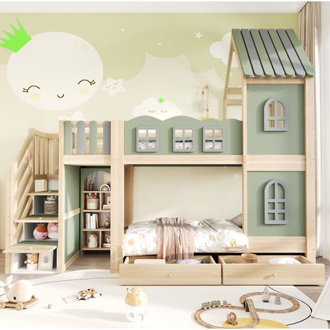 Etagenbett für Kinder 90 x 200 cm aus Holz mit Dach, Stauraumleiter und Schubladen, grün HAVRYA (1/5)