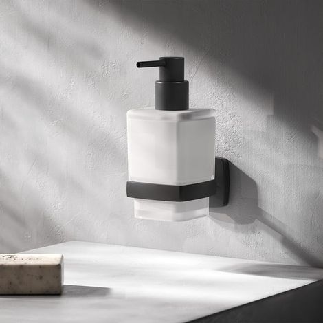 Distributore di sapone liquido in vetro con supporto a parete, nero (1/4)