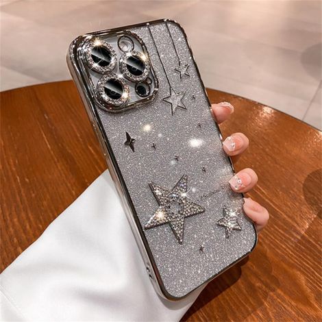Custodia per iPhone 14/15/13/12 Pro Max/11 a forma di stella, con strass e glitter, antiurto e con protezione per l'obiettivo, colore viola. (1/2)