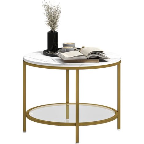 Table basse salon ronde moderne à 2 niveaux plateau effet marbre et étagère en verre trempé, Ø 60 x 45 cm, blanc et doré (1/5)