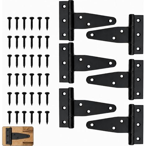 6 Pieces Black T-Hinge 98x64 mm with Screws, Heavy Duty Door Hinge for Gate and Barn Door, Black Outdoor Metal Hinges for Fence, Garden Shed and Gate (1/5)