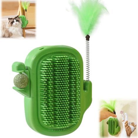 Brosse Toilettage Chat 3 en 1 Cactus Griffoir Jouets Plumes Balle Herbe Chat Massage Murale Accessoire Divertissement (1/5)