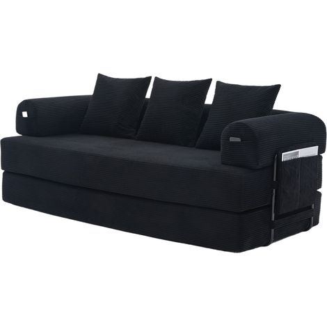 Sofá modular plegable de pana negra con estructura metálica y 3 cojines (1/5)