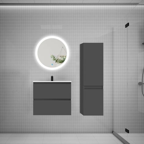Ensemble meuble vasque L.60cm 2 tiroirs + lavabo + LED miroir rond 60cm + colonne B,anthracite aica