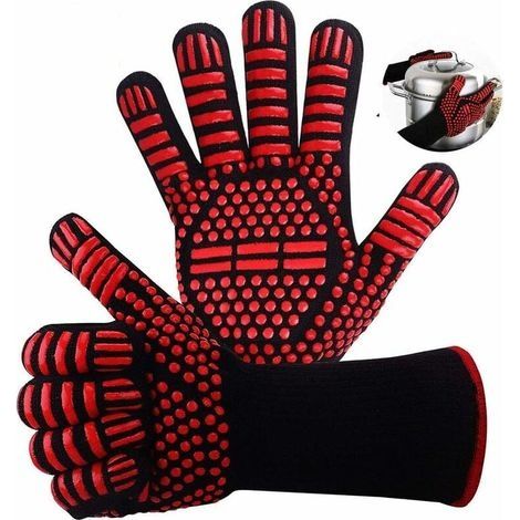 Gant Four,Gant Anti Chaleur,Gant Barbecue 800 °C Gant pour Four Anti Chaleur Silicone Résistant à Chaleur et Antidérapant pour la Cuisine / Patisserie / Barbecue (Rouge) (1/4)