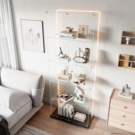 BLANKETSWARM - Vitrine en verre avec Ruban LED, 78.5x34.5x186.5 cm - 4 étagères - 2 portes - serrure, Meuble vitrine verre moderne pour salon, chambre ou bureau, Noir (1/5)