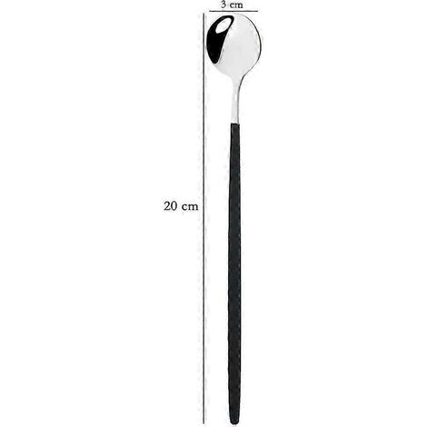 Ensemble de 4 cuillères à thé, à dessert et à glace en acier inoxydable à long manche (20 cm), colorées, pour la vaisselle et la cuisine. Couleurs disponibles : noir et argent. (1/5)