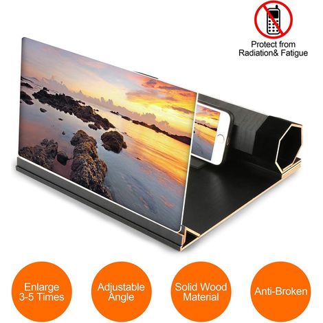MINKUROW - Lupa De Pantalla, Amplificador De Pantalla De 12 Pulgadas Para Smartphones, Proyector De Pantalla 3d Plegable, Soporte De Madera Para Teléfono, Zoom, Soporte De Lupa Para Todos Los Modos De (1/5)
