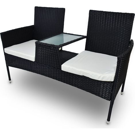 Lacestone Rattan Zweisitzer Sitzgruppe Terrassenmöbel Gartenbank Gartenmöbel für Balkon Terrasse Garten Lounge inkl. Sitzkissen (Black)
