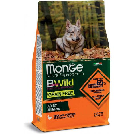 MONGE CIBO SECCO CANE CROCCANTINI GRAIN FREE CON ANATRA E PATATE 2.5 KG