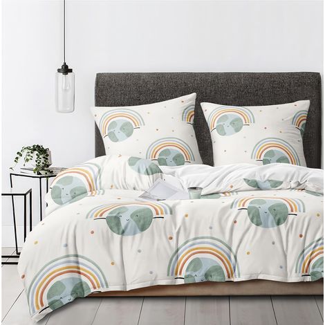 Parure de lit pour enfant - Arc-en-ciel - 135 x 200 cm - Motif terre beige - Arc-en-ciel - À pois - Housse de couette avec 1 taie d'oreiller 80 x 80 cm - Douce - Avec joli motif naturel (1/5)