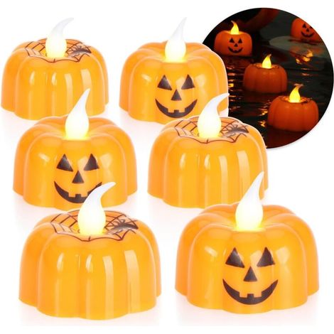 6x Bougies chauffe plat LED Halloween bougies chauffe plat scintillantes en forme de citrouille bougies (Ensemble de lumières de citrouille orange) (1/5)