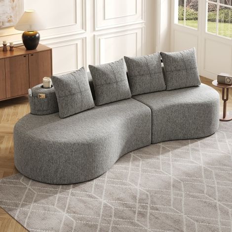Canapé en lin avec 4 coussins, garnissage en mousse haute densité et plumes, porte-gobelet et poche latérale – Design unique, confortable et respirant, idéal pour le salon, la chambre d'amis ou le bal (1/5)