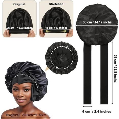 Bonnet De Nuit En Soie - Sangle Réglable - Élastique Large - Circonférence 50 À 66 Cm - 1 Pièce (1/4)