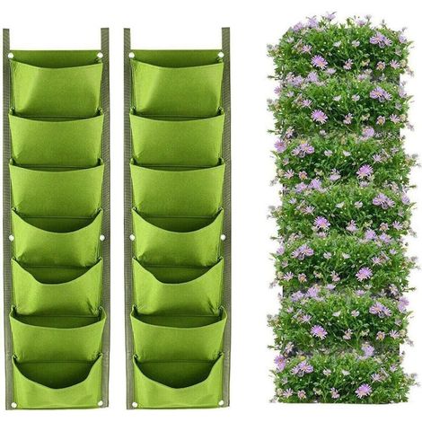 Lot de 2 sacs de plantation verticaux à suspendre - 7 poches - Pour extérieur et intérieur - Verts (1/3)