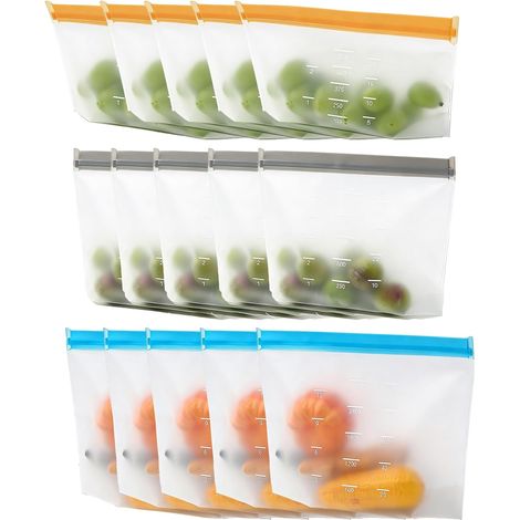 15 Pack Reusable PEVA Food Storage Bags BPA Free Airtight Zipper Freezer Dishwasher Safe Food Storage Bags 22 fl oz 1250ml 3500ml Orange Grey Blue (1/5)