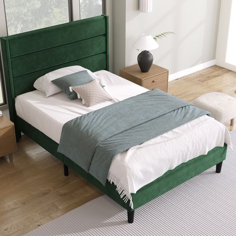 Lit rembourré 90x200 cm en velours vert foncé avec tête de lit, sommier a lattes et matelas H3 7 zones (1/5)
