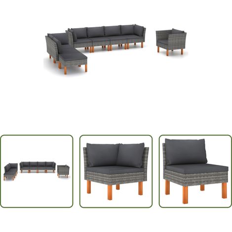vidaXL Rattan -  8-tlg. Garten-Lounge-Set Poly Rattan und Eukalyptusholz Grau